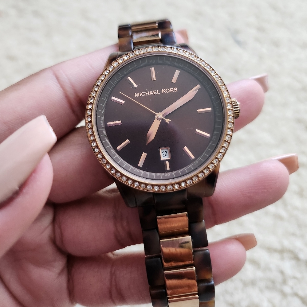 Michael Kors Tortoise Rose Gold Parker Watch w/ Crystal Accents